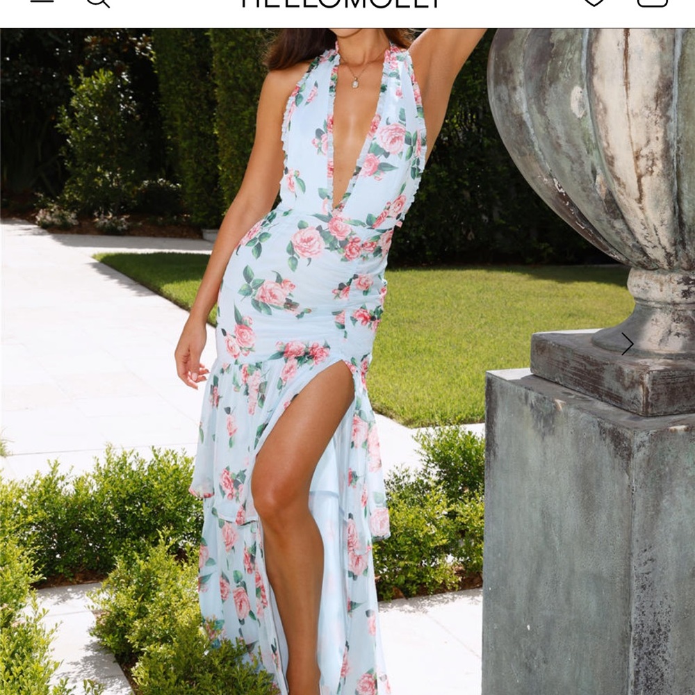 Hello Molly Pink and Blue High Low Gown Plunge Neckline